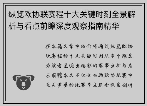 纵览欧协联赛程十大关键时刻全景解析与看点前瞻深度观察指南精华