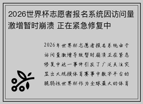 2026世界杯志愿者报名系统因访问量激增暂时崩溃 正在紧急修复中
