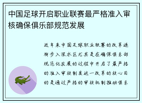 中国足球开启职业联赛最严格准入审核确保俱乐部规范发展